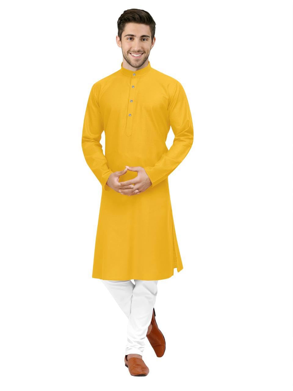 Men's 100% Cotton Solid Long-Length Casual Kurta | Regular Fit Ethnic Kurta for Men | Soft & Breathable Fabric | Festive, Office & Casual Wear Kurta (Plain Kurta Yellow M)-image-25