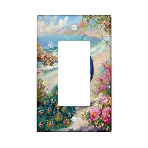 Scenic Beach Peacock Light Switch Cover Plate, Vibrant Floral Single Rocker Wall Plates, Spring/Summer Decor, Coastal Style, Standard Size Decorative Cover Single Rocker
