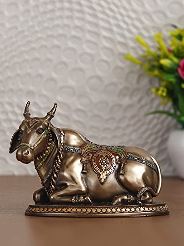 Image of eCraftIndia Handcrafted Polyresin and Bronze Nandi Statue Animal Figurine for Home, Office, Spiritual Spaces for Hindu Devotees