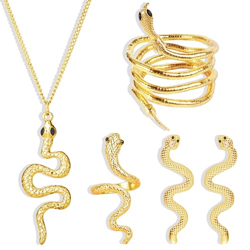 Dcfywl731 Snake Jewelry Set for Women Glexible Snake Bracelet Necklace Earrings Ring Sets Punk Gothic Jewelry Halloween Party Favors Cosplay Medusa Costume Accessories