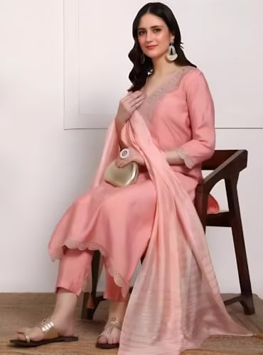 Image of Women's Viscose Rayon Embroidered Kurta Pant Set with Dupatta