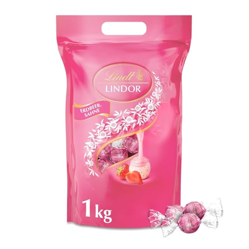 Lindt LINDOR Schokoladen| 1 kg Beutel, wiederverschließbar | ca. 80 Kugeln weiße Schokolade mit Erdbeer-Sahnecrème | Großpackung, Pralinen-Geschenk