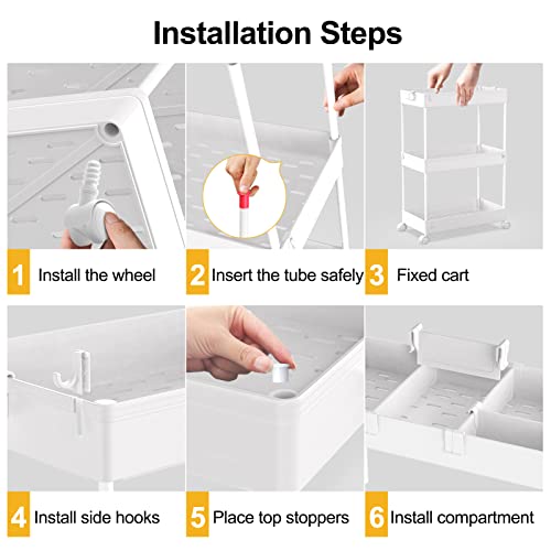 Image of SPACELEAD 3 Tier Rolling Cart with Wheels, Storage Craft Art Trolley Organizer Serving, 3 Hanging Baskets Easy Assembly, for Office, Bathroom,Living Room, Kitchen, White