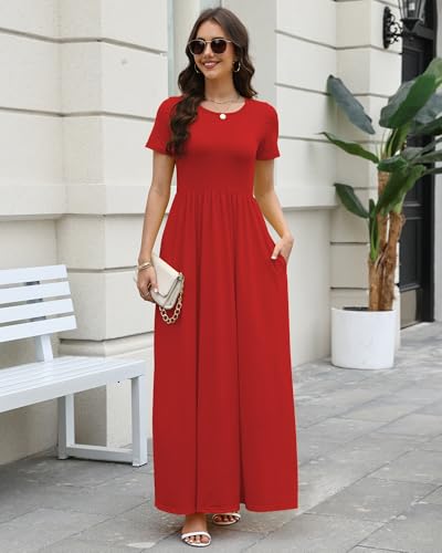 Image of COSSEN Women's Crew Neck Short Sleeve Maxi Dress with Pockets Casual Loose Swing for Wedding Guest Beach Vacation