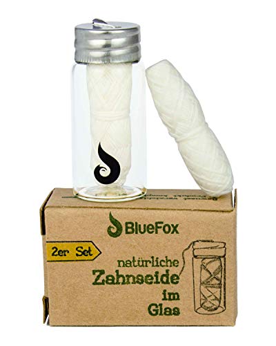 BlueFox Zahnseide Natur mit Pflanzenwachs im Glas mit Minz- Geschmack, ohne Plastik, 2 x 30 Meter umweltfreundliche Zahnpflege, biologisch abbaubar im nachhaltigen Nachfüllpack, vegan
