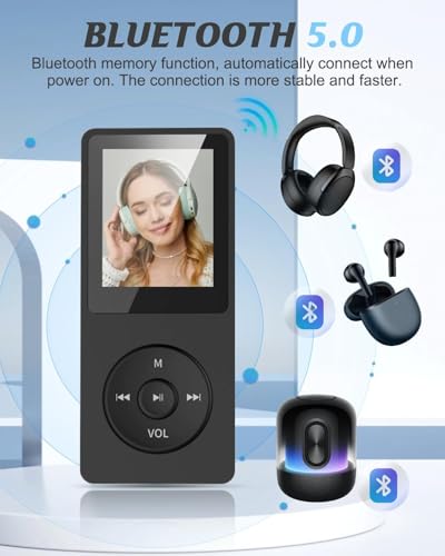 Bluetooth 5.0 MP3 Player mit 70 Stunden Wiedergabezeit, 32GB Speicher, Verlustfreier Klang, HD Lautsprecher, Sprachrekorder, 1,8 Zoll TFT-Bildschirm, AUX Unterstützung