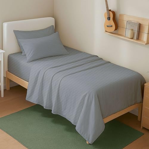 4 Piece Twin XL Sheet Set, Twin Extra Long Size Light Grey Stripe 100% Egyptian Cotton, 600-Thread-Count Cooling Bed Sheets, 15 Inch Deep Pocket of Fitted Sheet, Twin Long Bed Sheets for Dorm Bedding