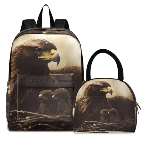 Backpack Lunch Bag Set Birds Print, Big Storage Travel Backpacks with Insulated Lunch Box for Office Hiking Picnic