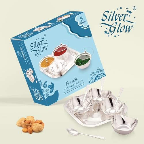 Image of Silverglow Panache Serving Set | Silver Plated Bowl Set of 9 | Dry Fruits, Snacks containers | Serving Tray Bowl Set | Tableware Set | Perfect Diwali, Office, Wedding Return Gift