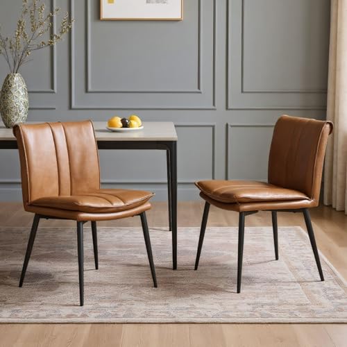 chairus Set di 2 Sedie da Pranzo in Ecopelle Sedia Cucina con Schienale Senza Braccioli Sedia Imbottita con Gambe in Metallo per Sala da Pranzo/Soggiorno/Ristorante, Marrone