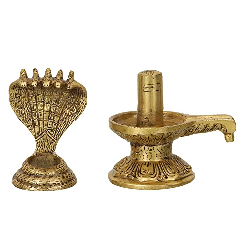 Image of eCraftIndia Golden Decorative Handcrafted Shivling with Naag Devta Brass Showpiece
