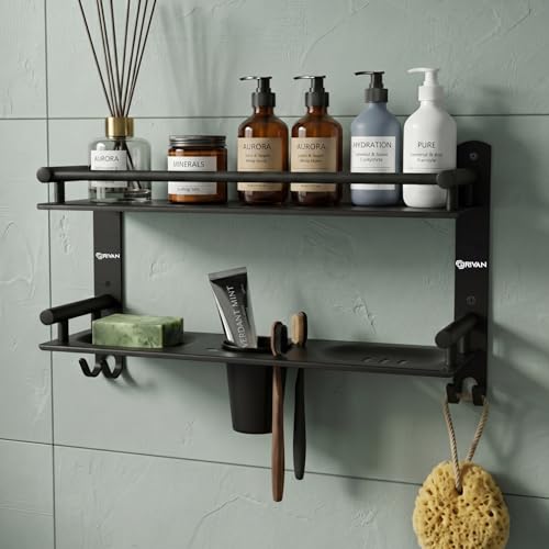 Image of GRIVAN Stainless Steel 2-Tier Bathroom Accessories Set - Heavy Duty Bathroom Shelves with Dual Soap Holder, Toothbrush Holder & Tumbler | Wall Mounted Bathroom Organizer (Black Matte)