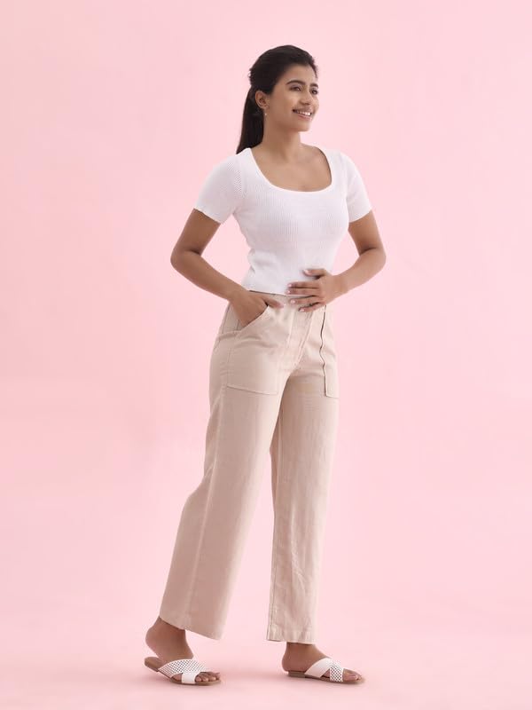 Image of GO COLORS Solid Linen Cargo Pants for Women | Full Length, Mid Rise, Side Pockets