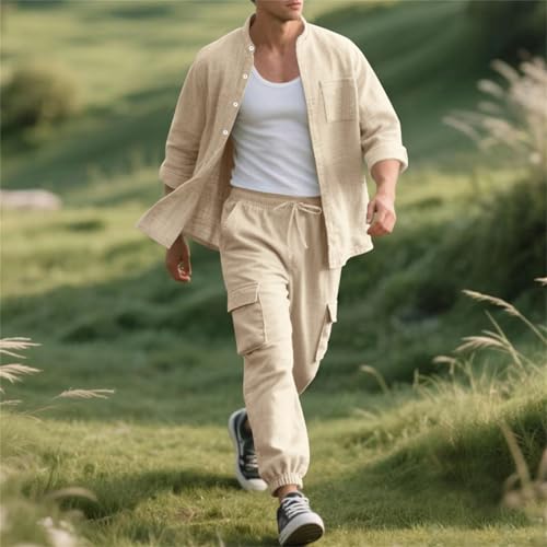 Men's Fashion 2 Piece Linen Shirts Suit Long Sleeve Button Down Matching Set Casual Beach Outfits4