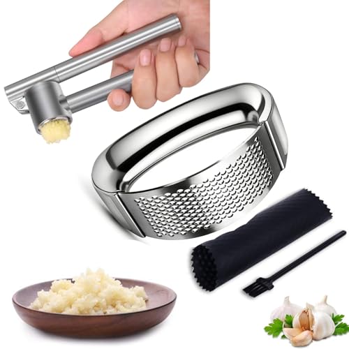 Mempedont Garlic Press Mincer - 304 Stainless Steel Garlic Crusher & Peeler Set Detachable Heavy-duty Rust Proof Garlic Mincer Design for Extracts More Garlic Paste Per Clove