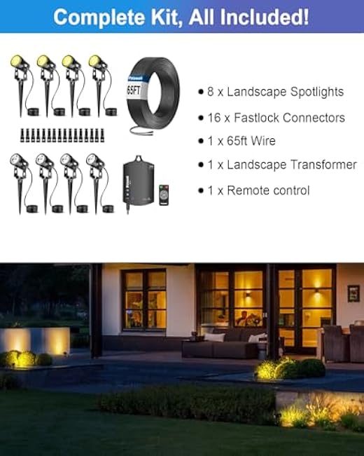 8-Pack Smart Low Voltage Landscape Lighting Kit ¨C with Wi-Fi 72W Transformer, 3 W Landscape Lights Spotlights with 65 FT Wire, App Control, 3000 K 12-24V, IP65 Outdoor Pathway Uplights