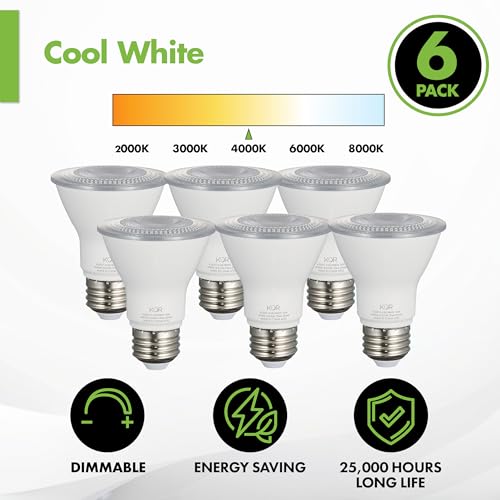 KOR (Pack of 6) LED PAR20 Light Bulbs, 6.5W (Replaces 50W 50PAR20), 4000K Cool White, Dimmable, E26 Base, Waterproof Indoor/Outdoor Use, UL & Energy Star by KOR - Image 7