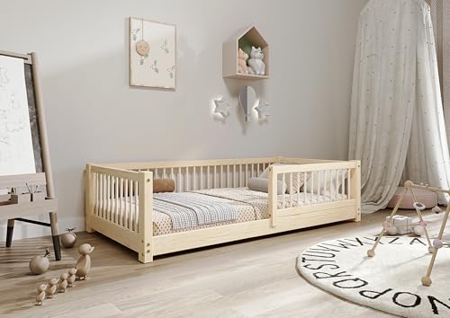 TIMBEE - Alfi - Kinderbett 90x180 cm - Bett Holz Unlackiert - Einzelbett für Kinder mit Lattenrost und Rausfallschutz Abnehmbar - Belastbar bis 100 kg - aus Kiefernholz Klasse 1