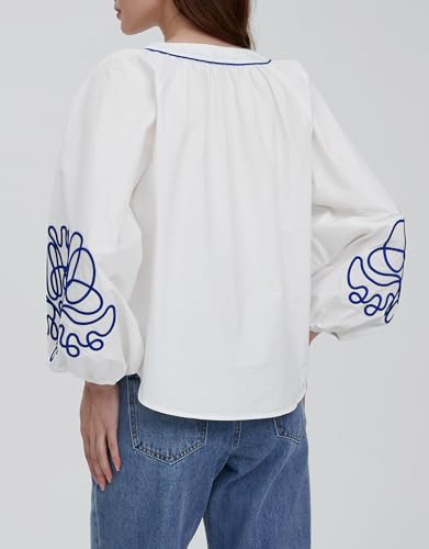 Kedera Women's Casual Floral Embroidered V Neck Blouses Boho Long Balloon Sleeve Mexican Shirts Loose Summer Fall Tops 20252