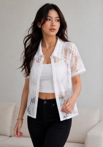 Image of Women's Floral Embroidered Shirt | Elegant Short Sleeve Shirts for Casual & Office Wear | Stylish Summer Button-Down Shirt for Girls & Women