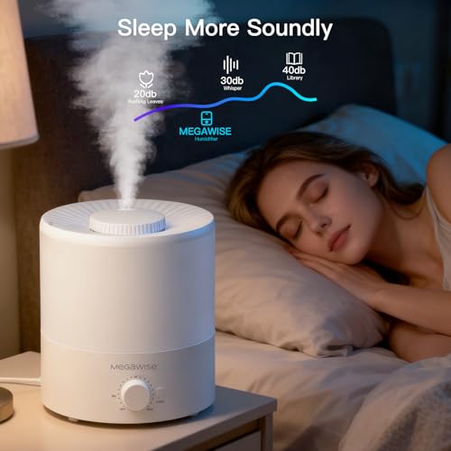 Image of Megawise Cool Mist Humidifiers for Bedroom, 2L Tank Ultra-Quiet Humidifier for Large Room, 40H Runtime with 7 Color Ambient Light, Auto Shut-Off Protection