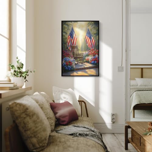 Image of American Flag Canvas Wall Art, 4th of July Patriotic Poster Print, USA Flag and Garden Floral Landscape Picture, Rustic Independence Day Wall Decor for Bedroom Living Room 16x24in Framed