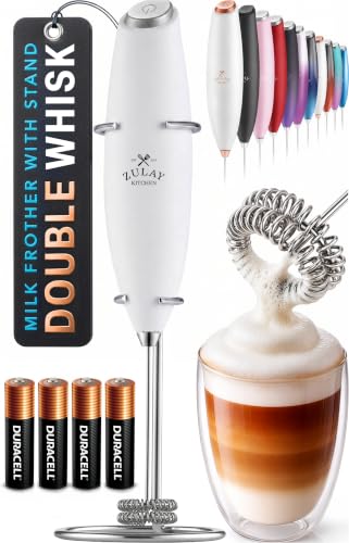 Image of Zulay Kitchen Powerful Milk Frother Wand With Duracell Batteries - Ultra Fast Handheld Drink Mixer - Electric Whisk Foam Maker for Coffee, Lattes, Cappuccino & Matcha - Double Whisk - White