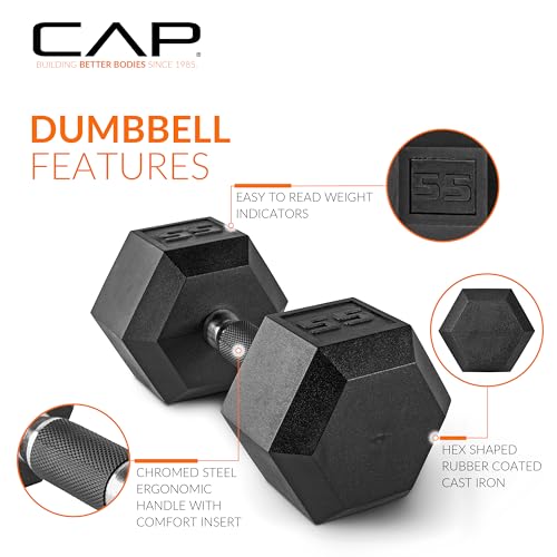 Image of CAP Rubber Coated Dumbbell Weights, Free Weights for Home Gym Strength Training, Anti-Roll Hex Dumbbells with Black, Chrome & Comfort Grip Handles, Singles