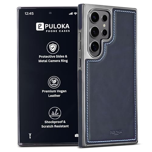 Image of PULOKA Chrome Leather Back Case - Compatible with Samsung Galaxy S23 Ultra - Luxury Bumper Case - Flexible Vegan Leather - Electroplated Sides - Full Camera Protetection & Raised Edges - Blue