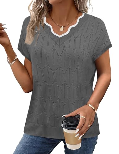 Image of WIHOLL Womens Summer Tops Cap Sleeve Sweater V Neck Shirts Beach Vacation Clothes Business Casual Fashion Clothing