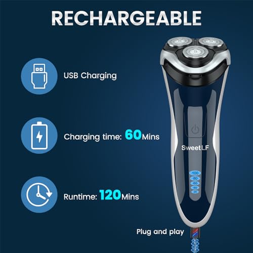 Image of SweetLF Electric Razor for Men, 100% Waterproof, Type C Rechargeable, Wet & Dry Rotary Shaver, Pop-up Trimmer, Corded & Cordless, Navy Blue