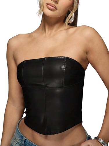 Verdusa Women's Leather Top Backless Tube Top Strapless Crop Corset Tops Going Out Outfits Black Medium