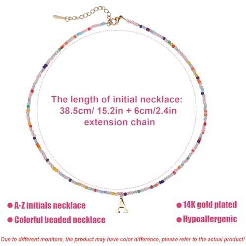 for Women Girls Letter PendantSummer Necklaces, Bohemian Beaded Necklace Colorful Beaded Initial Necklace Handmade Jewelry Gifts for Teens (A)2