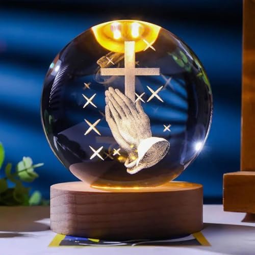 Jesuspirit - Christian Decor, Wooden Light Base Crystal Ball Night Light, Home Decor - Christian Gifts for Men and Women (Praying Hands)