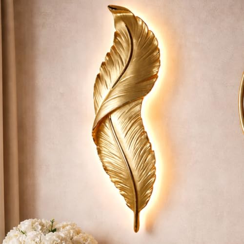 Image of UJALAVISTA Feather Shape Wall Lamp | 65cm Acrylic Fancy Wall Light | 3-Color LED (Warm /Natural /Cool) | Modern Decorative Wall Sconce for Living Room & Bedroom (White Feather) (1, Gold)