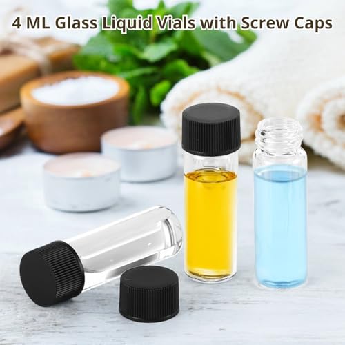 100PCS 4 ML Glass Vials with Screw Caps, Small Clear Lab Sample Vials with Lids, Refillable Liquid Storage Empty Vials for Essential Oil, Perfume, Medicine and Reagent