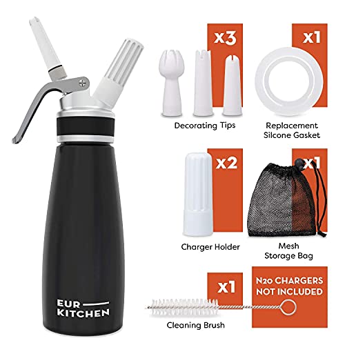 Eurkitchen Professional Aluminum Whipped Cream Dispenser - Leak-Free Whip Cream Maker Canister With 3 Decorating Nozzles & Cleaning Brush - 1-Pint / 500 Ml Cream Whipper - N2O Chargers (Not Included) #TOP1
