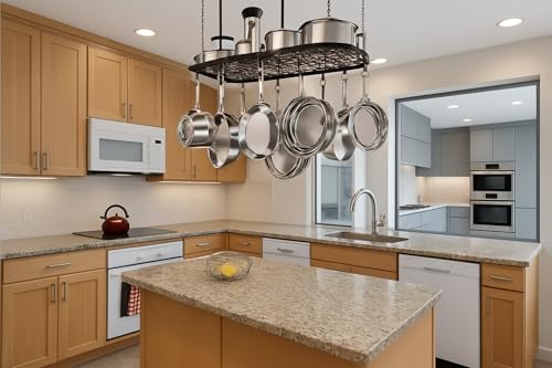 FMP 888 Hanging Ceiling Pot Rack-Heavy Duty Black Oval Kitchen Storage Shelf with 15 Removabl Hooks for Pots and Pans-Overhead Mounted Organizer,Complete with Heat Resistant Gloves