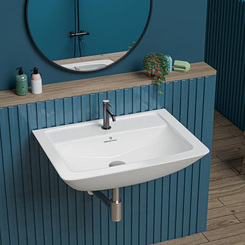 Image of REMOTION Ceramic Wall Hung Corner Wash Basin for Bathroom | Wall Mounted Corner Sink for Small Bathrooms & Powder Rooms | Space-Saving, Durable & Stylish Design (16 x 15 x 6 Inch)