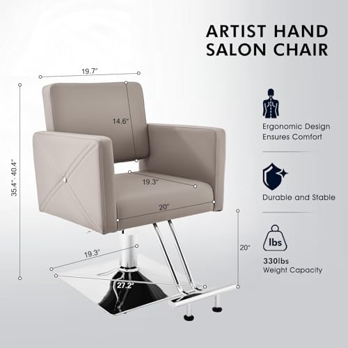 Image of Artist hand Barber Salon Chair for Hair Stylist, Elephant Grey | Heavy Duty Hydraulic Pump, Adjustable Height, 360 Swivel, Padded Armrest, Professional Styling Chair, Beauty Salon Equipment