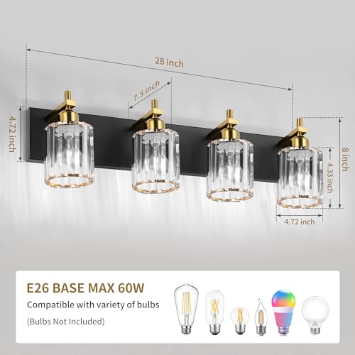 Image of She's home 4 Light Crystal Vanity Lights for Bathroom - Black and Gold Modern Bathroom Vanity Lights Over Mirror 28 Inch, Bathroom Wall Lighting E26 Base