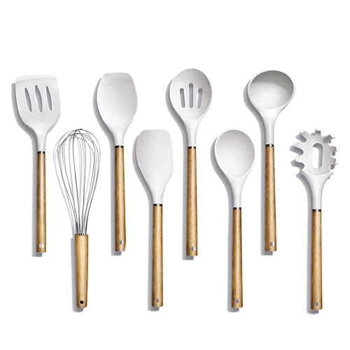 Country Kitchen Non Stick Silicone Utensil Set with Rounded Wood Handles for Cooking and Baking, 8 Piece Set, White