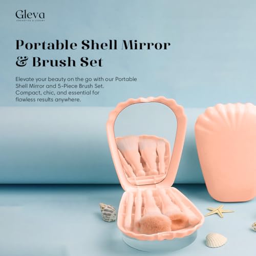 Image of Gleva Travel Size Mini Makeup Brushes Set with Mirror Small Complete Function Cosmetic 5 Pcs Brushes Kit Case Apply to Face Foundation Powder Concealers Eyebrow Eyeshadow (Pink (Shell Shape))