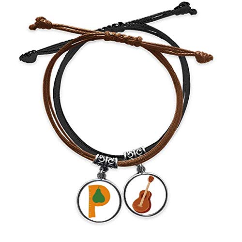 Pulsera de guitarra de cuero con letra P y cadena de mano de papaya