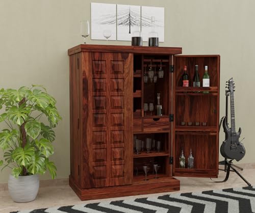 Image of Solid Sheesham Wood Bar Unit Cabinet with Storage Bottle Shelves & Built-in Glass Holder Wooden Drink Wine Rack Organizer for Living Room, Home & Lounge Dining Cupboard Liquor Furniture