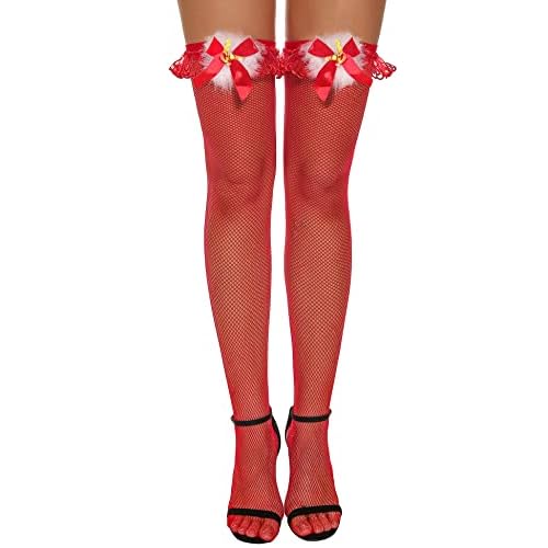 RSLOVE Women Christmas Thigh High Stockings Sexy Santa Fishnet Lingerie Red Hosiery Pantyhose One Size Red_small Net