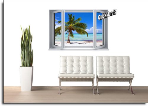 Palm View Window Canvas 1-Piece Peel & Stick Wall Mural 58 Inches Wide X 42 Inches High