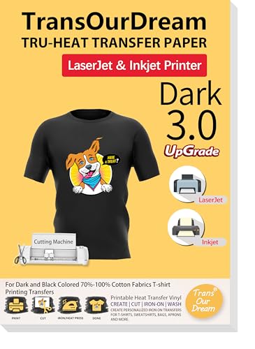 TransOurDream Dark 3.0 - Iron on Heat Transfer Paper for Dark T Shirts (5 Sheets,A4, Dark 3.0) Printable HTV Vinyl for Inkjet & Laserjet Printer, Transfers Paper for Dark Fabric (TOD-D3-5)