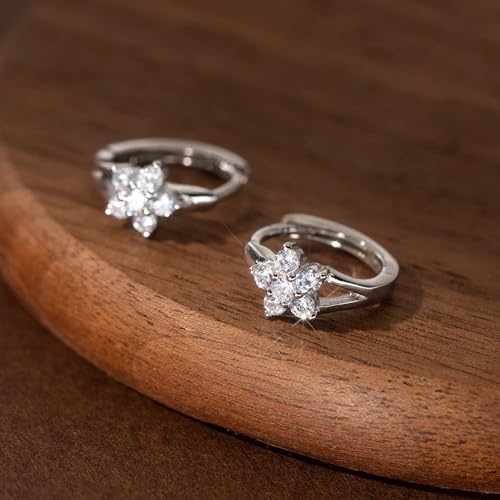 Reffeer Solid 925 Sterling Silver CZ Flower Hoop Earrings Huggie for Women Teen Girls Cute Daisy Hoop Earrings4