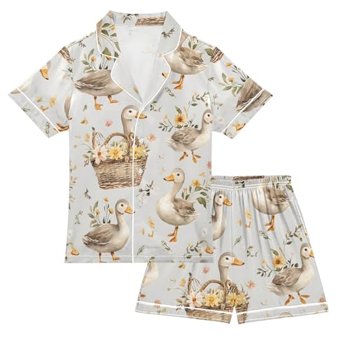 ALAZA Flower Basket Duck Satin Pajamas Set Short Sleeve Button Down Sleepwear Summer Pjs 2 Piece